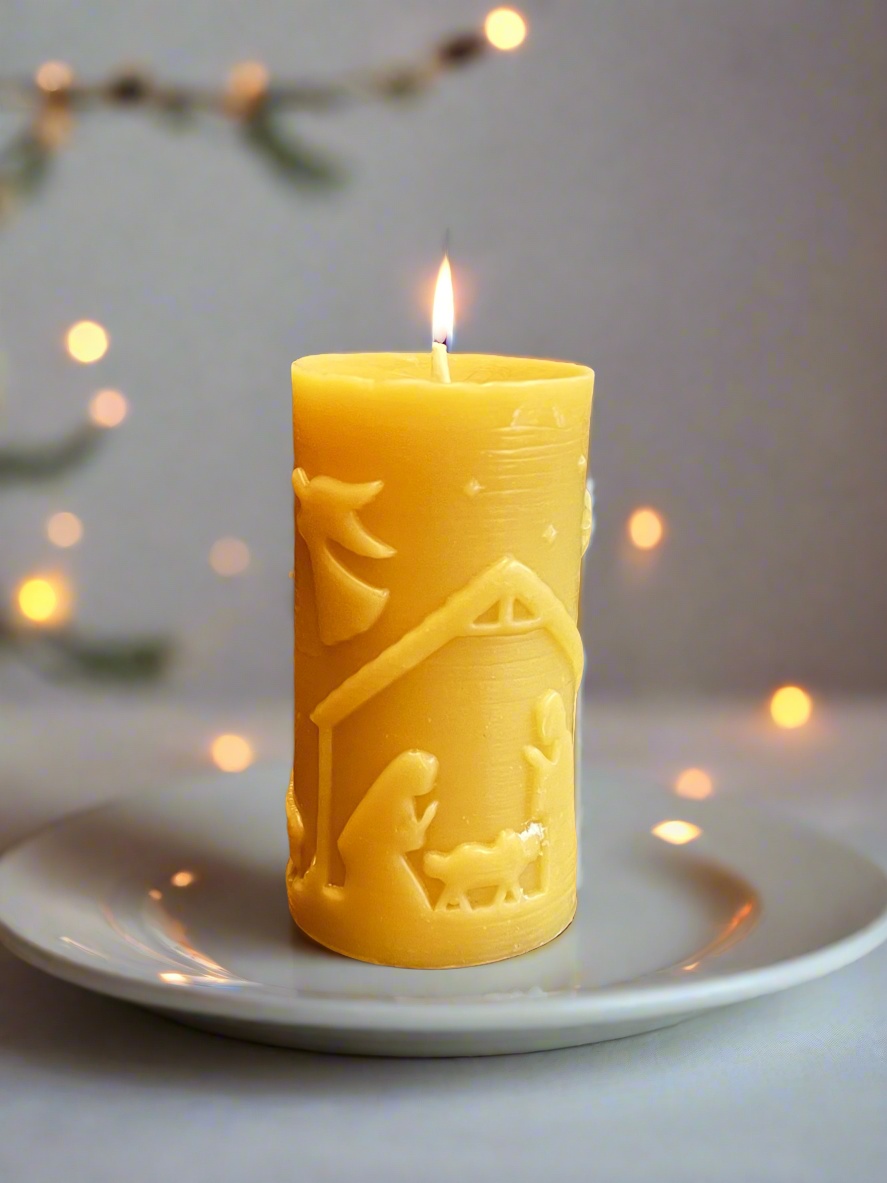 Classic Nativity Scene 100% Beeswax Candle -Small