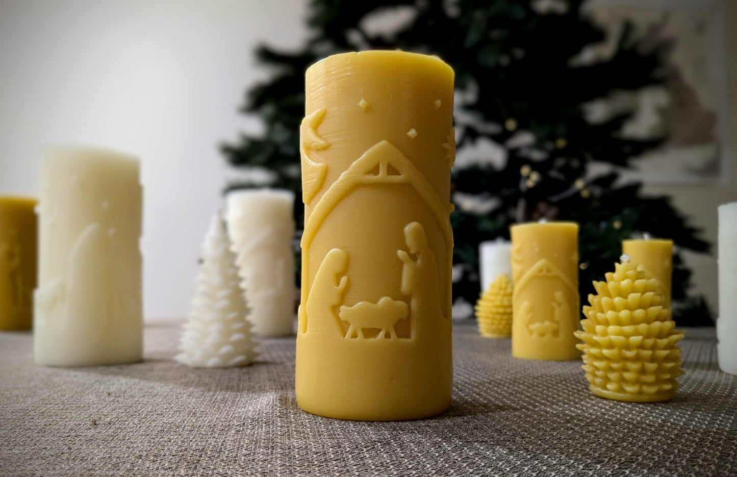 Classic Nativity Scene 100% Beeswax Candle -Large