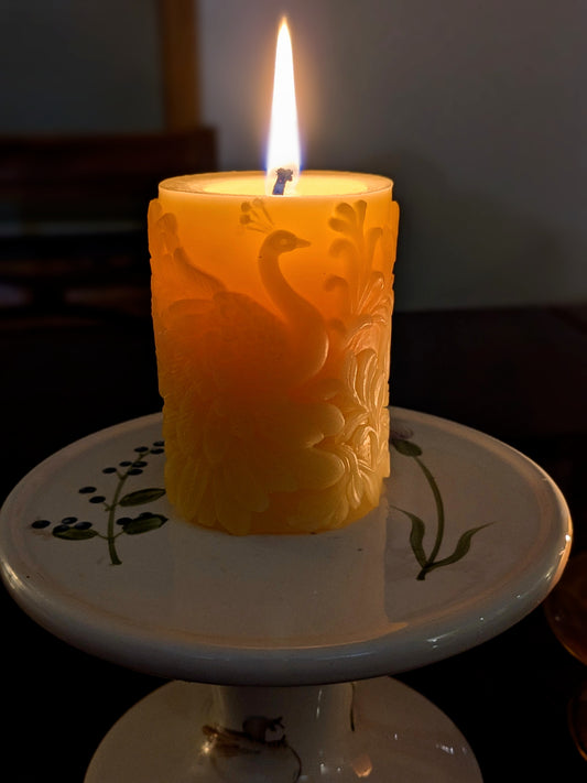 Peacock Pillar Candle – 100% Pure Beeswax | Elegant Decorative Candle