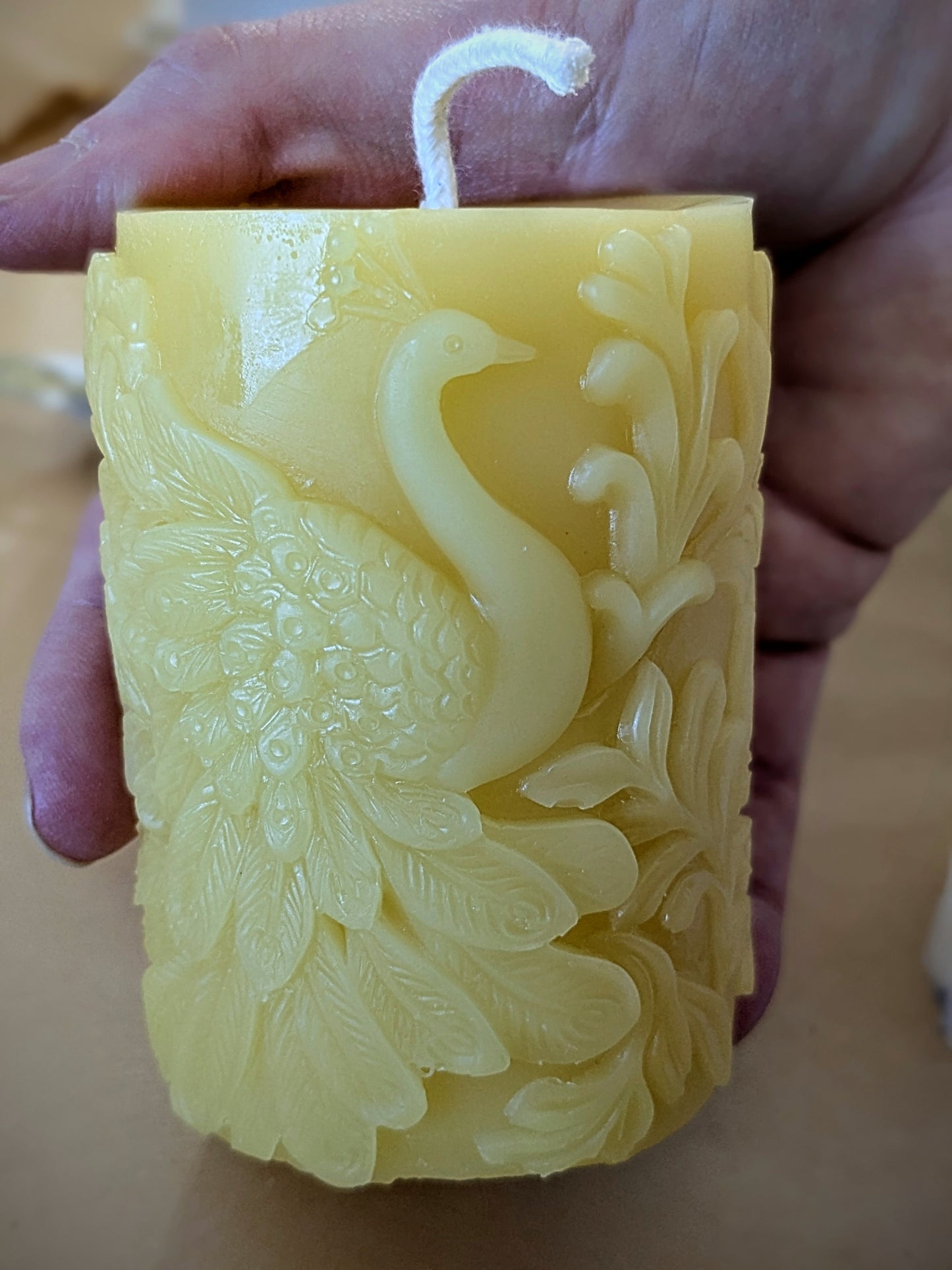 Peacock Pillar Candle – 100% Pure Beeswax | Elegant Decorative Candle